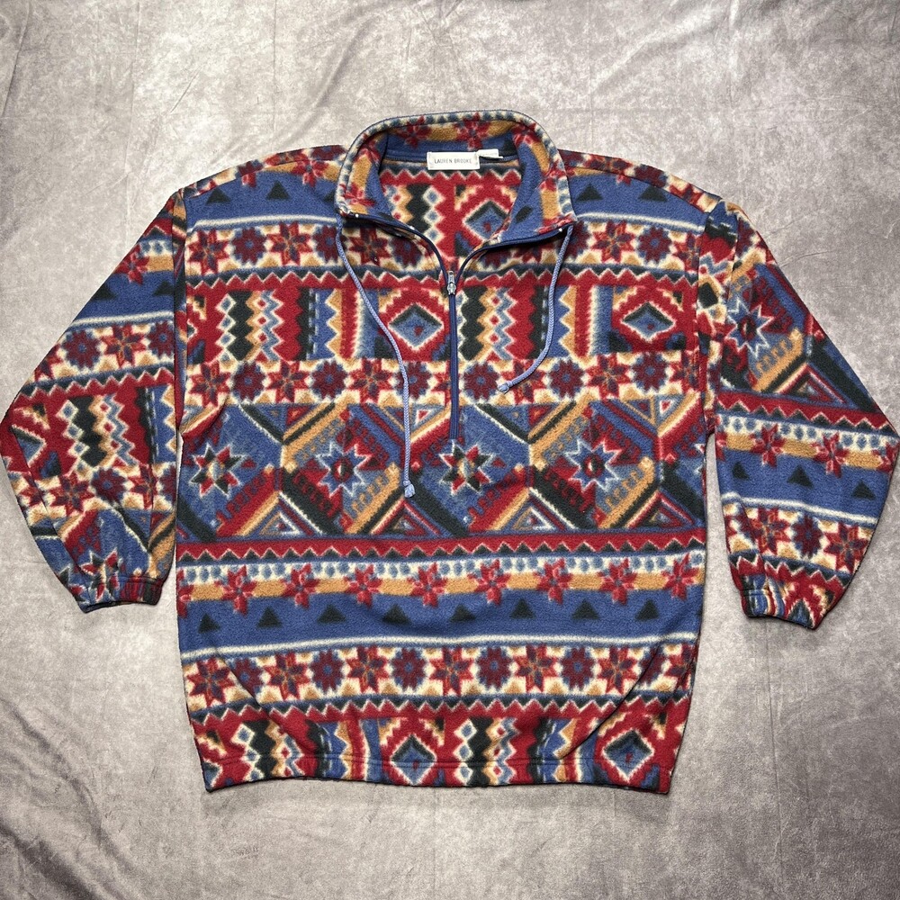 Vintage Aztec Southwestern Fleece Jacket Womens Large Lauren Brooke 1/2 Zip